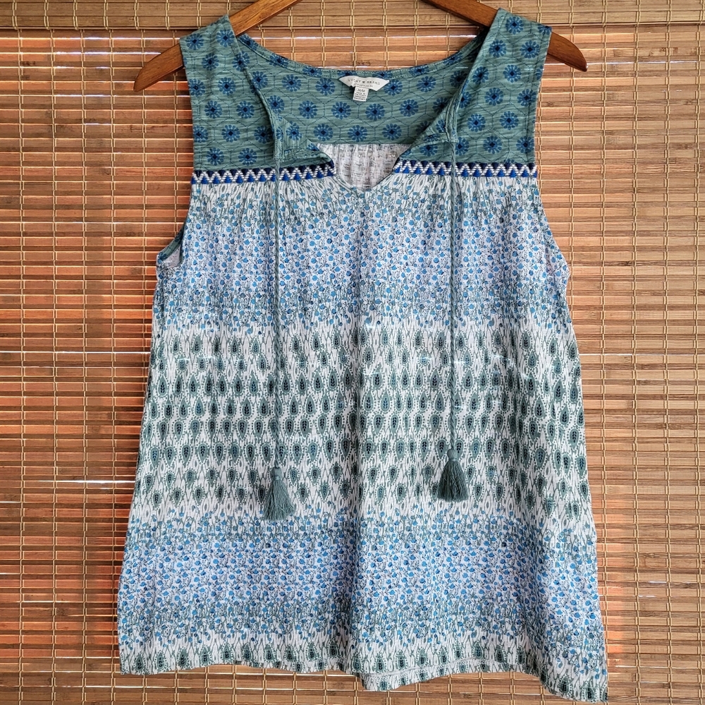 Lucky Brand Boho Split Neck Sleeveless Top with Tassles, Blue/Green Women's M